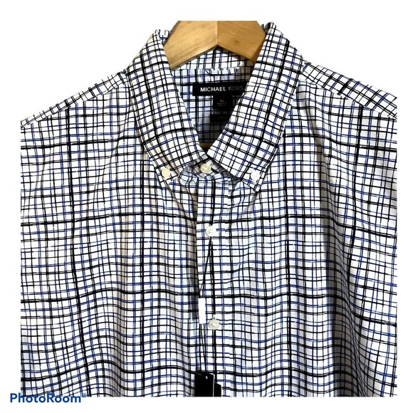 Michael Kors Mens XXL Slim Fit Long Sleeve Modern Check Plaid Shirt Pop Blue $98